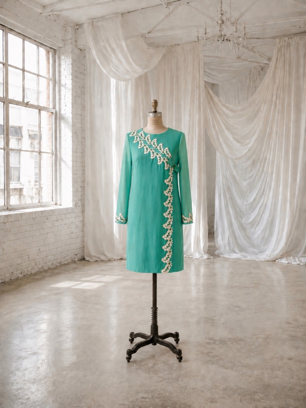 Vintage 1960s Mod Teal Sheer Chiffon Mini Crochet Beaded Lace Bow Dress S / M
